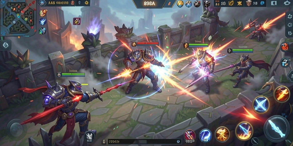 Tampilan gameplay seru dalam arena pertempuran MOBA.