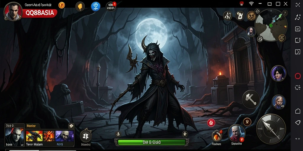 Screenshot gameplay QQ88ASIA menampilkan suasana mencekam dan karakter yang mengerikan.